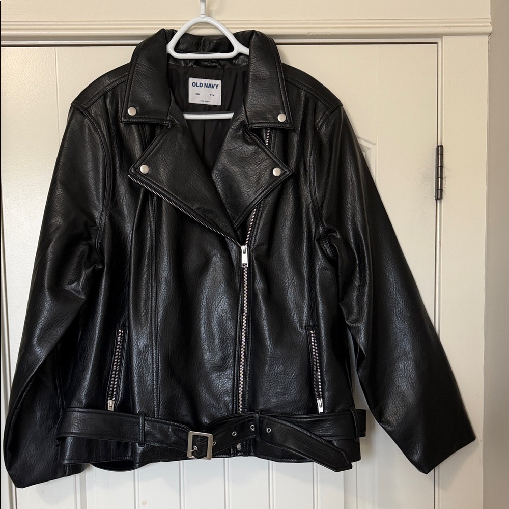 Old Navy Black Faux Leather oversized Moto-Style Jacket with Belt